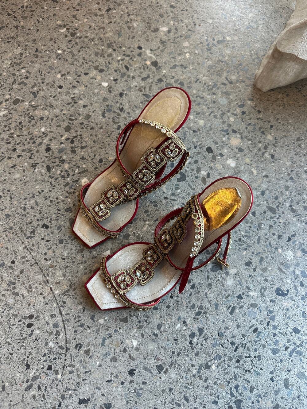 Vintage Rene Caovilla Women's 39.5 Heels Red Jeweled Heels Made in Italy